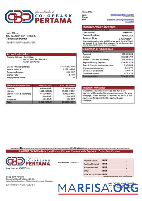 Downloadable Malaysia Co op Bank Pertama mortgage statement Word and PDF template